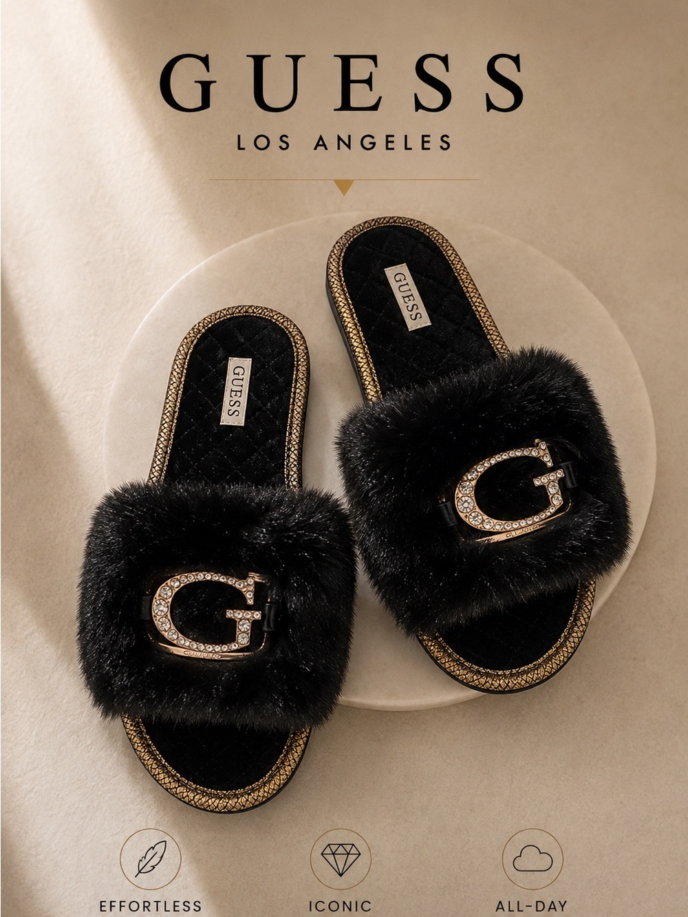 Guess Sannah Black Faux Fur Slides